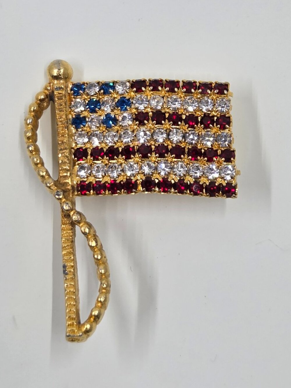 Vintage Rafaelian Rhinestone American Flag Flagpole Brooch Pin
